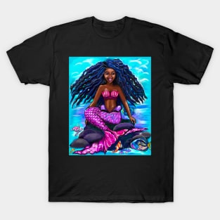 Black mermaid with flowing locks singing , brown eyes Afro hair and caramel brown skin T-Shirt